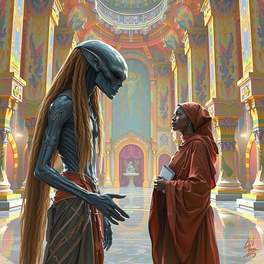 Friendly Alien Meets Woman in Surreal Atrium