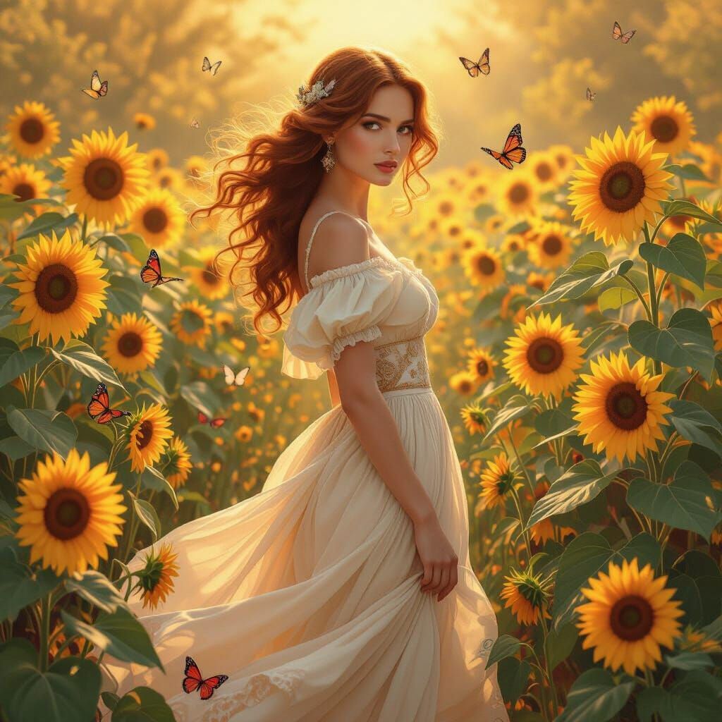 A solitary woman with flowing, auburn hair stands in a sun-drenched garden filled with vibrant sunflowers and delicate b...