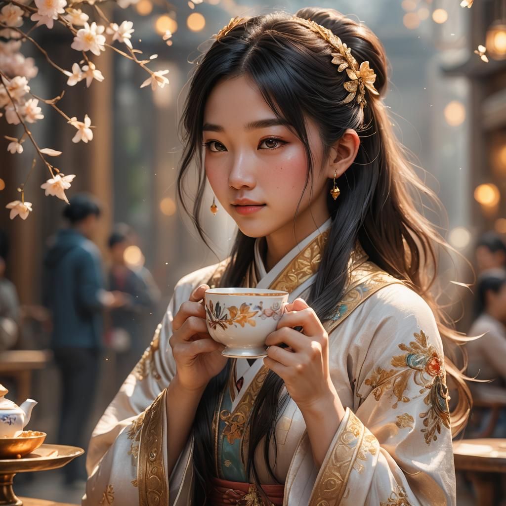 East Asian Student with Teacup: Art Nouveau Digital Art