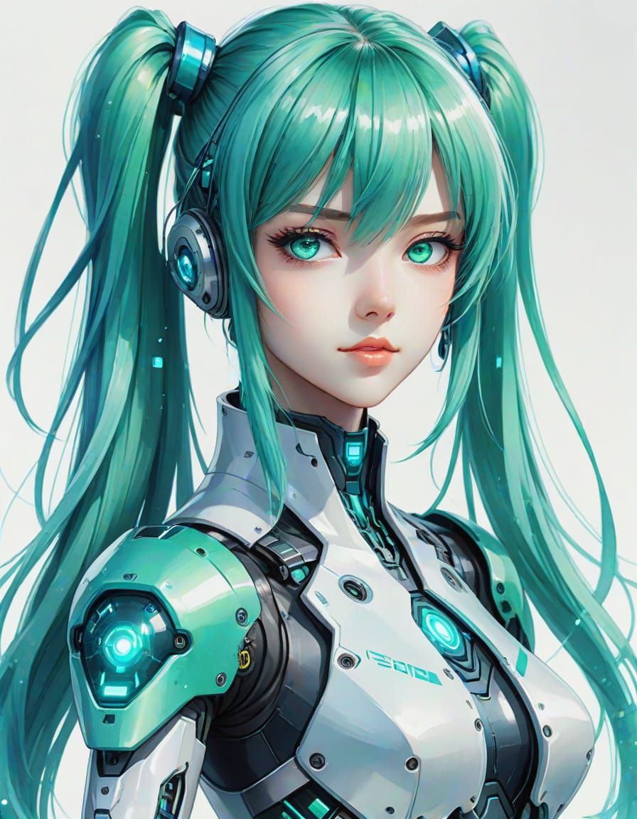 Cybernetic Android Portrait in Watercolor Anime Style