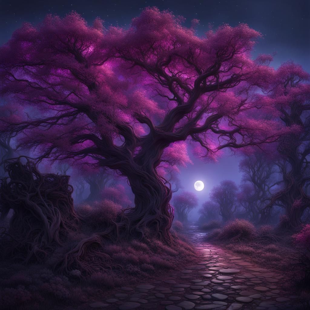 Moonlit Path with Colorful Lights, Matte Painting