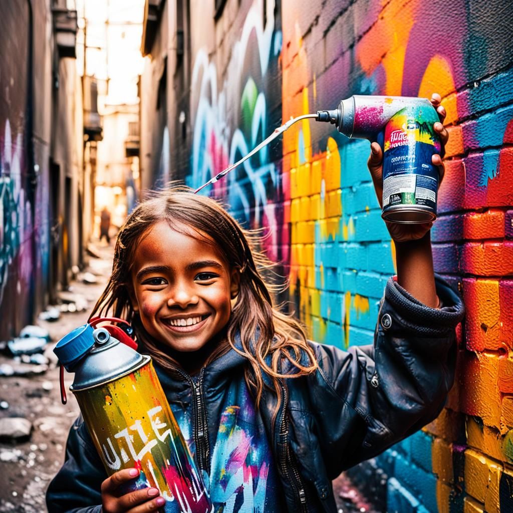 Vibrant Street Art of a Little Girl with Spray Paint