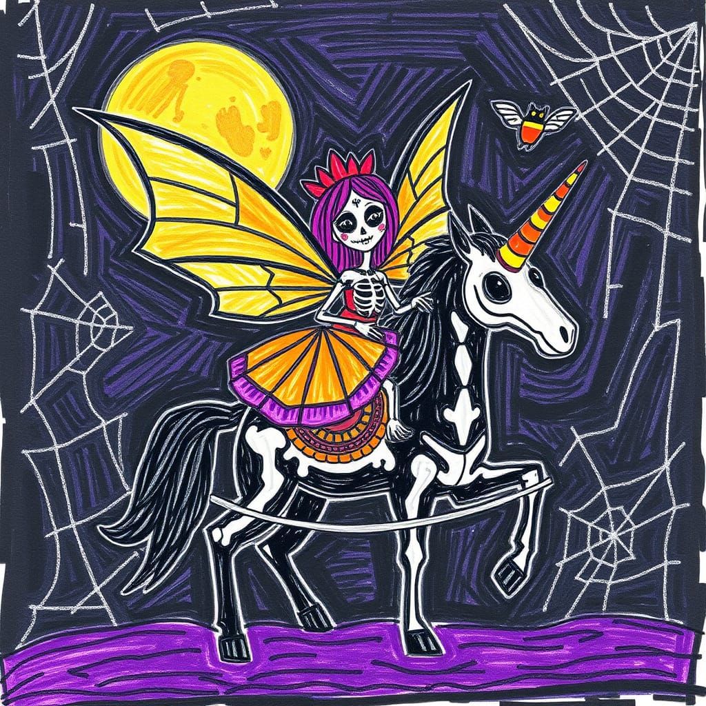 Crude, child-like drawing, crayons style bat winged Hallowee...