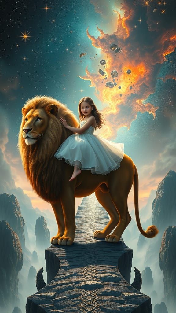 Girl on Lion Sky-Bridge: Fantasy Concept Art