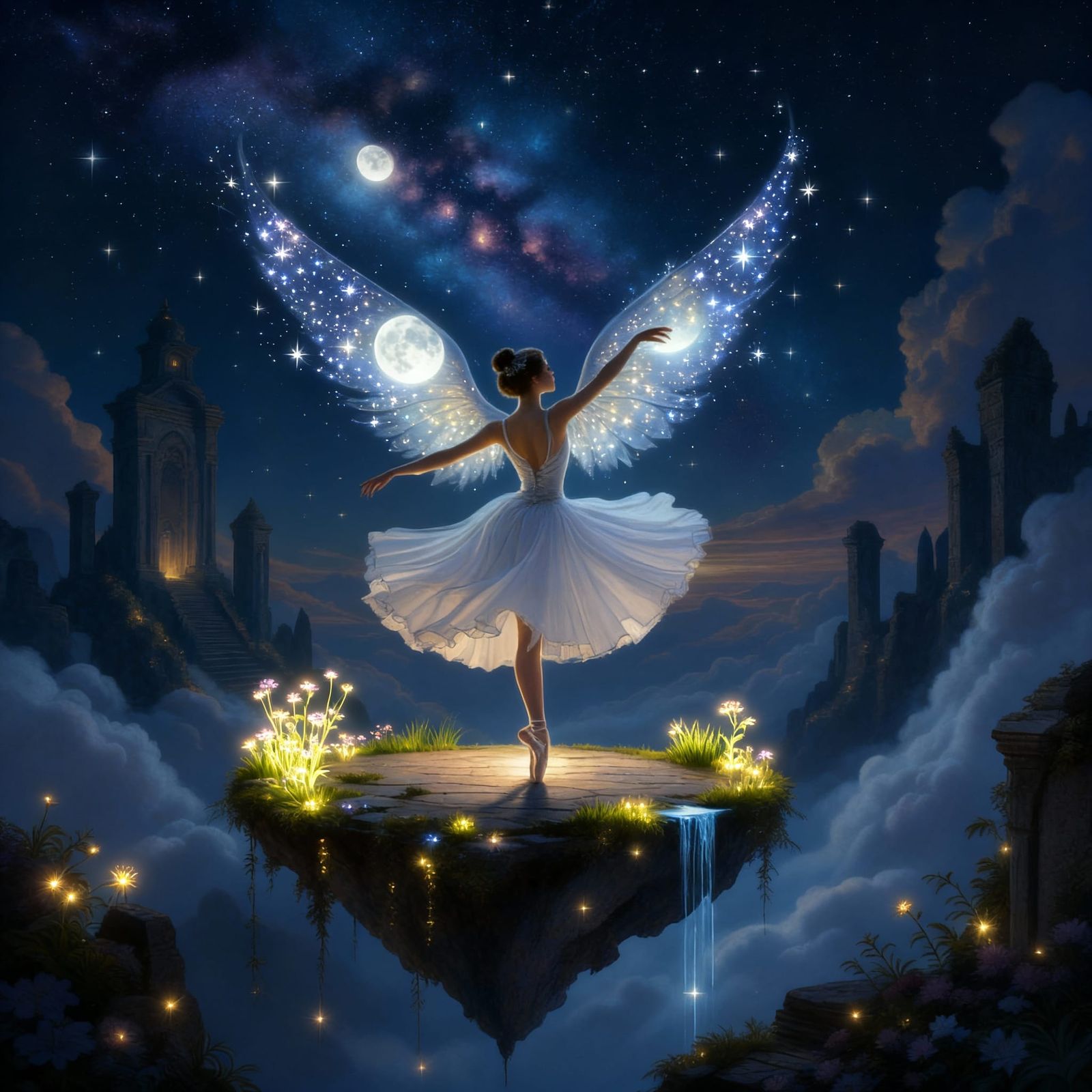 Graceful Ballerina with Moonlight Wings on Floating Island