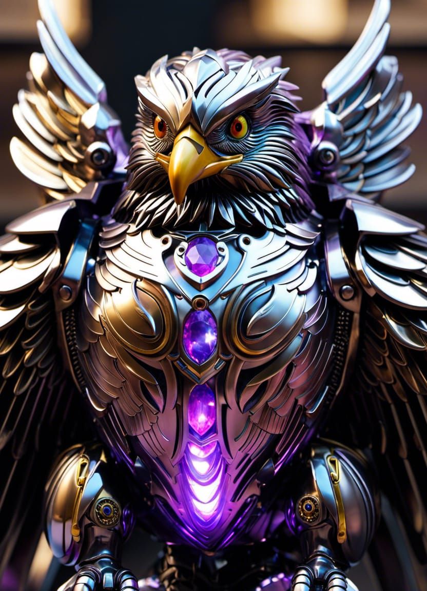 Armored Steampunk Eagle with Opal and Amethyst Inlays