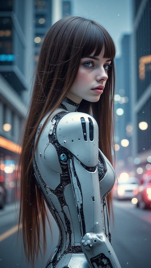 Futuristic Cyborg Woman in Dystopian City