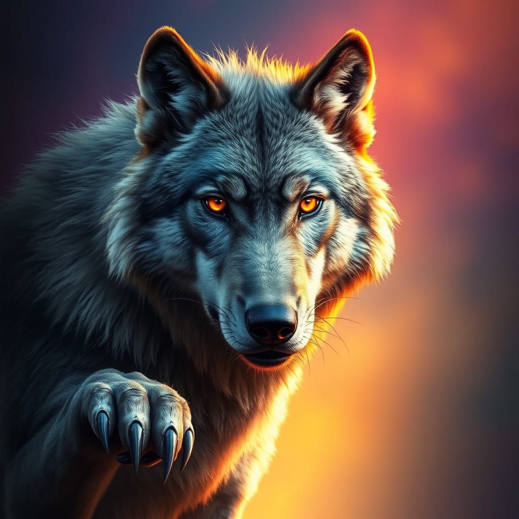 Majestic Gray Wolf in Vibrant, Hyperrealistic Landscape