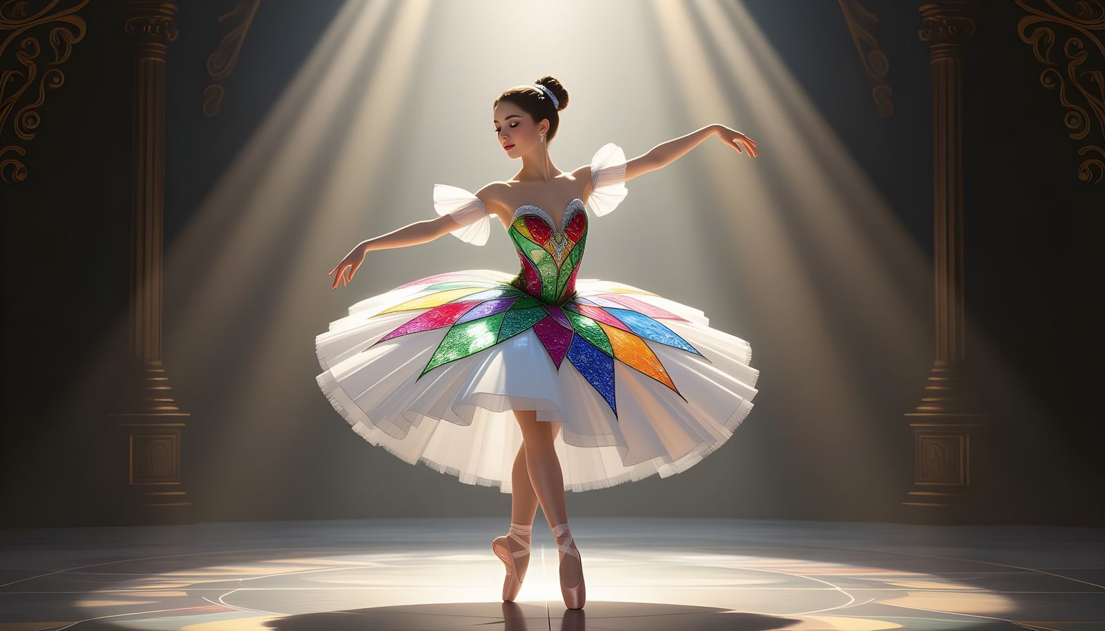Ballerina in Multi-Colored Glass Dress on Softly Lit Stage