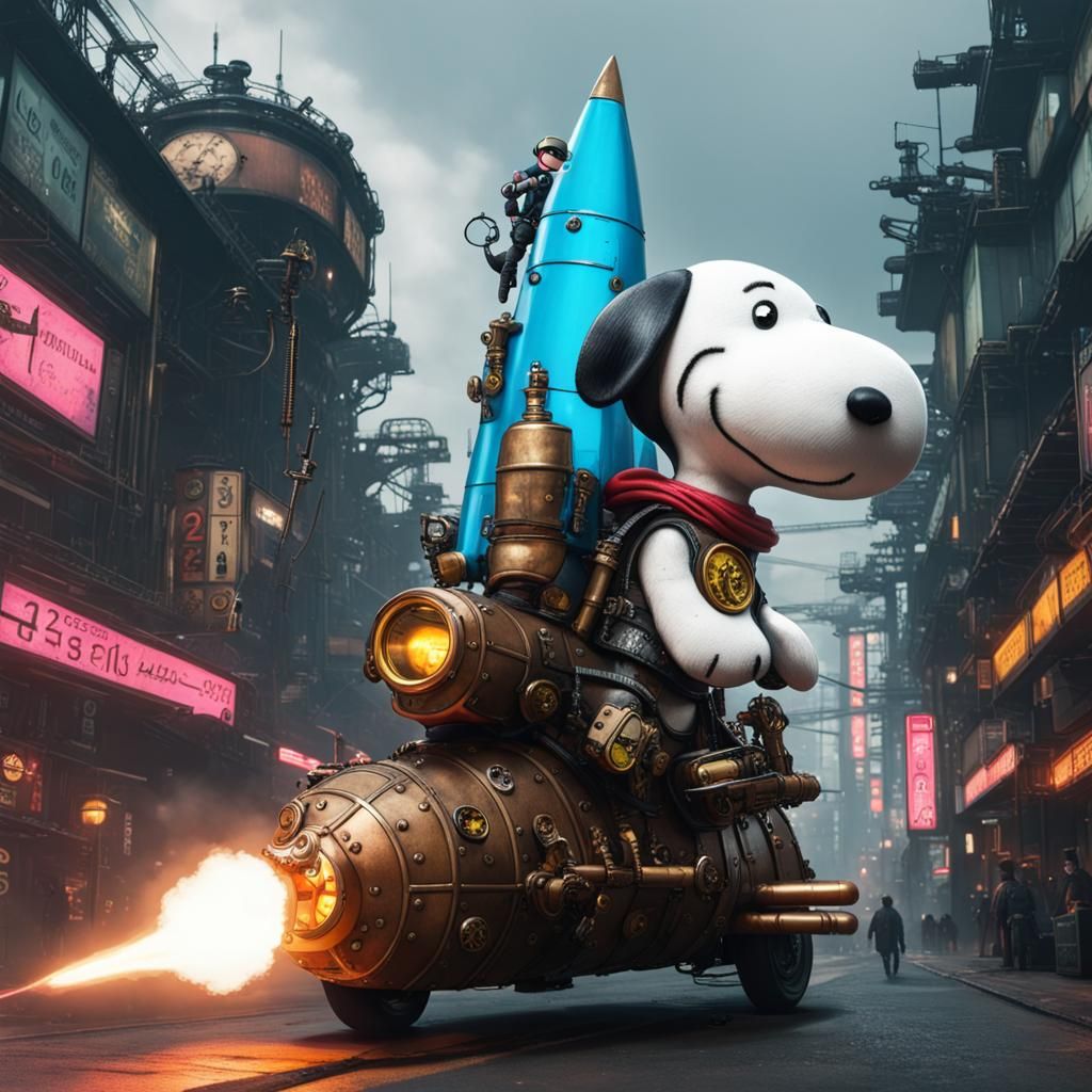 Snoopy Rides Steampunk Rocket Through Cyberpunk Tokyo