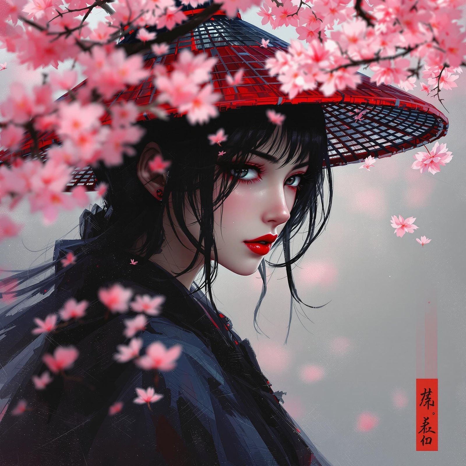Red Samurai Sakura Girl with Katana