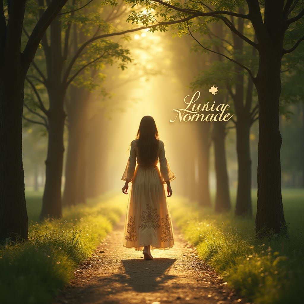 Serene Woman Walks Nature's Path, Golden Light and Whispers ...