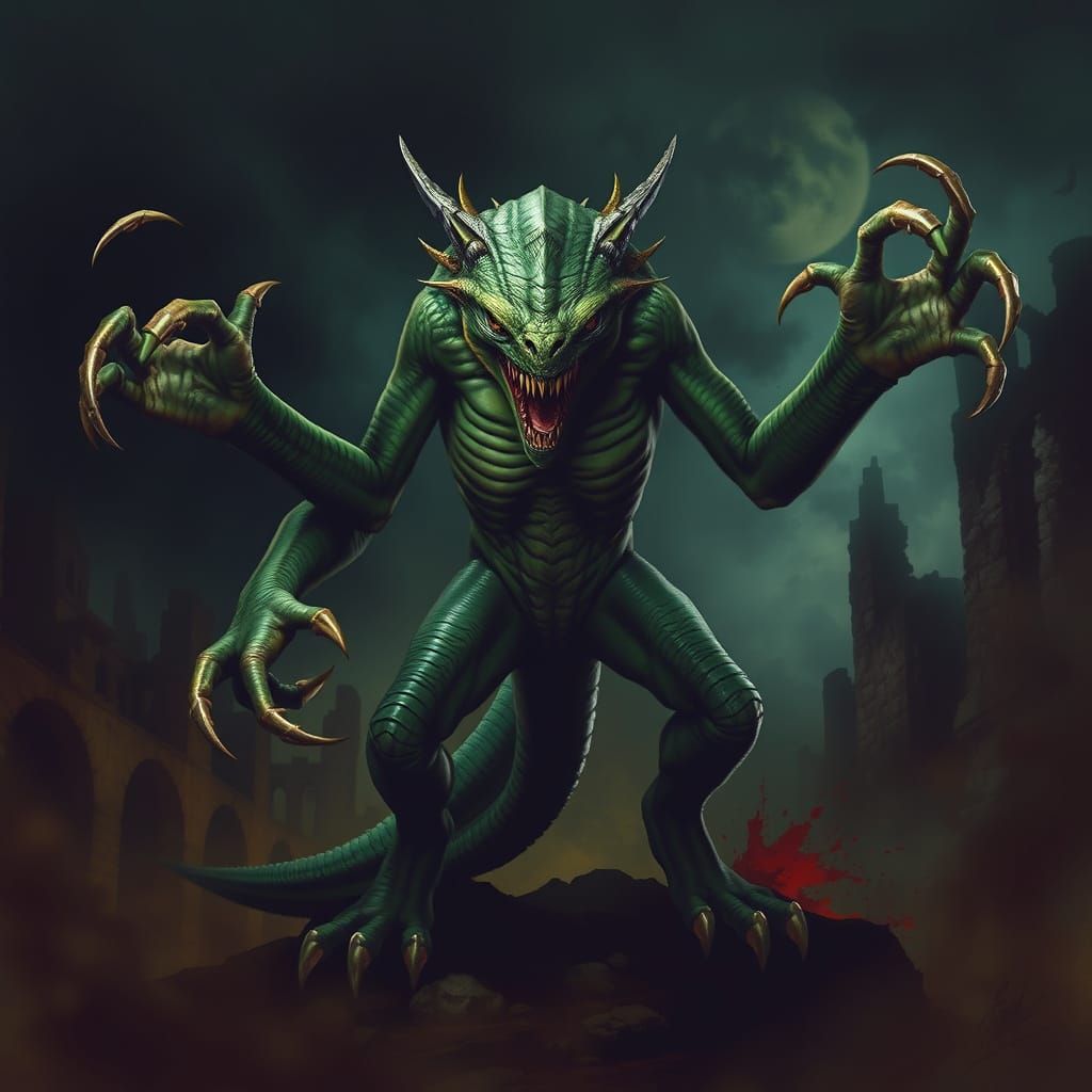 Dark Fantasy Creature with Emerald Green Skin