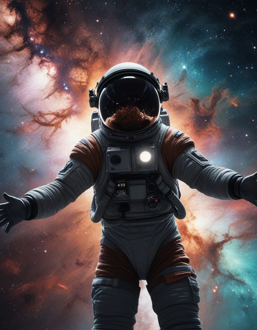 Astronaut Reaches for Galaxy in Cosmic Nebula