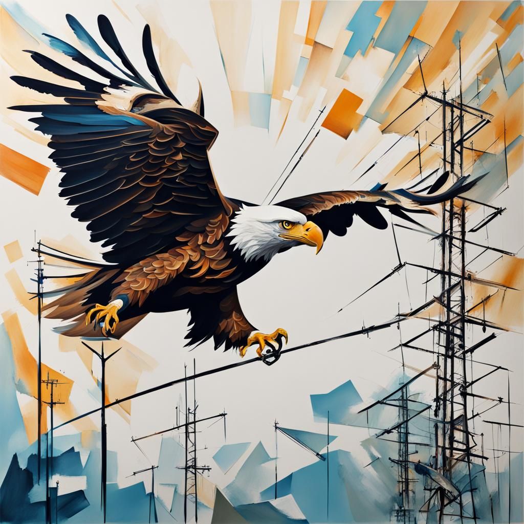 Eagle Flying Over Antenna in Abstract Style