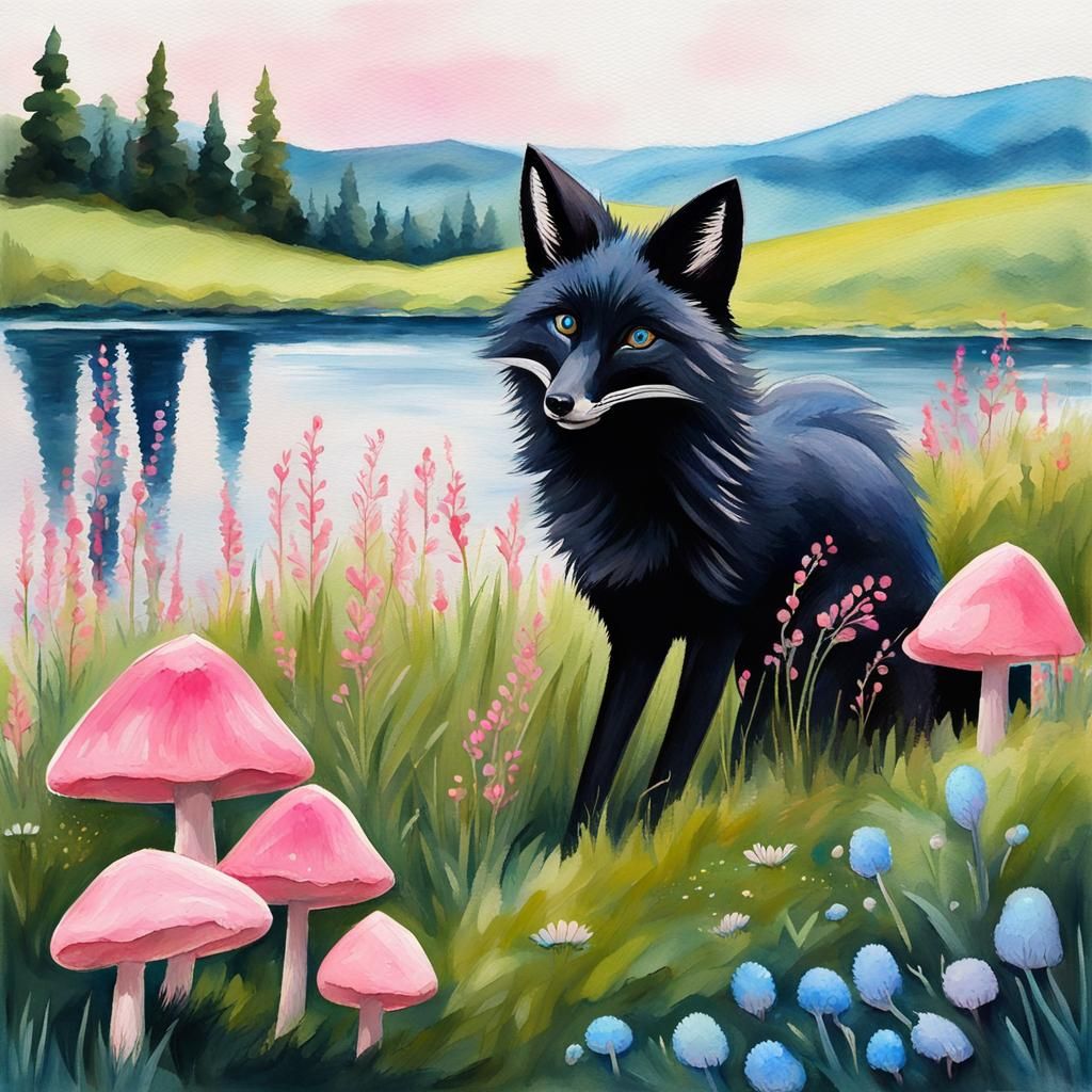 Black Fox with Blue Eyes in Gouache Style