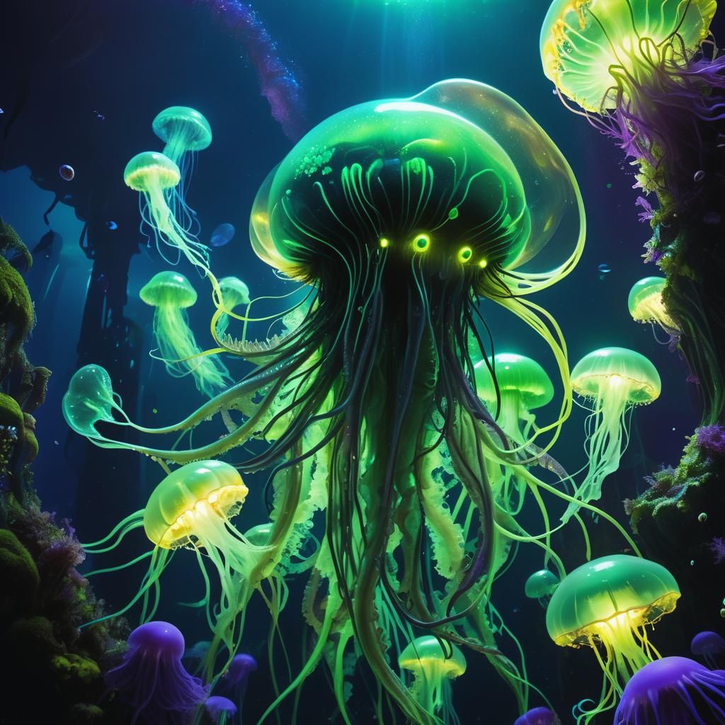 Bioluminescent Alien in Underwater City, Surreal Concept Art