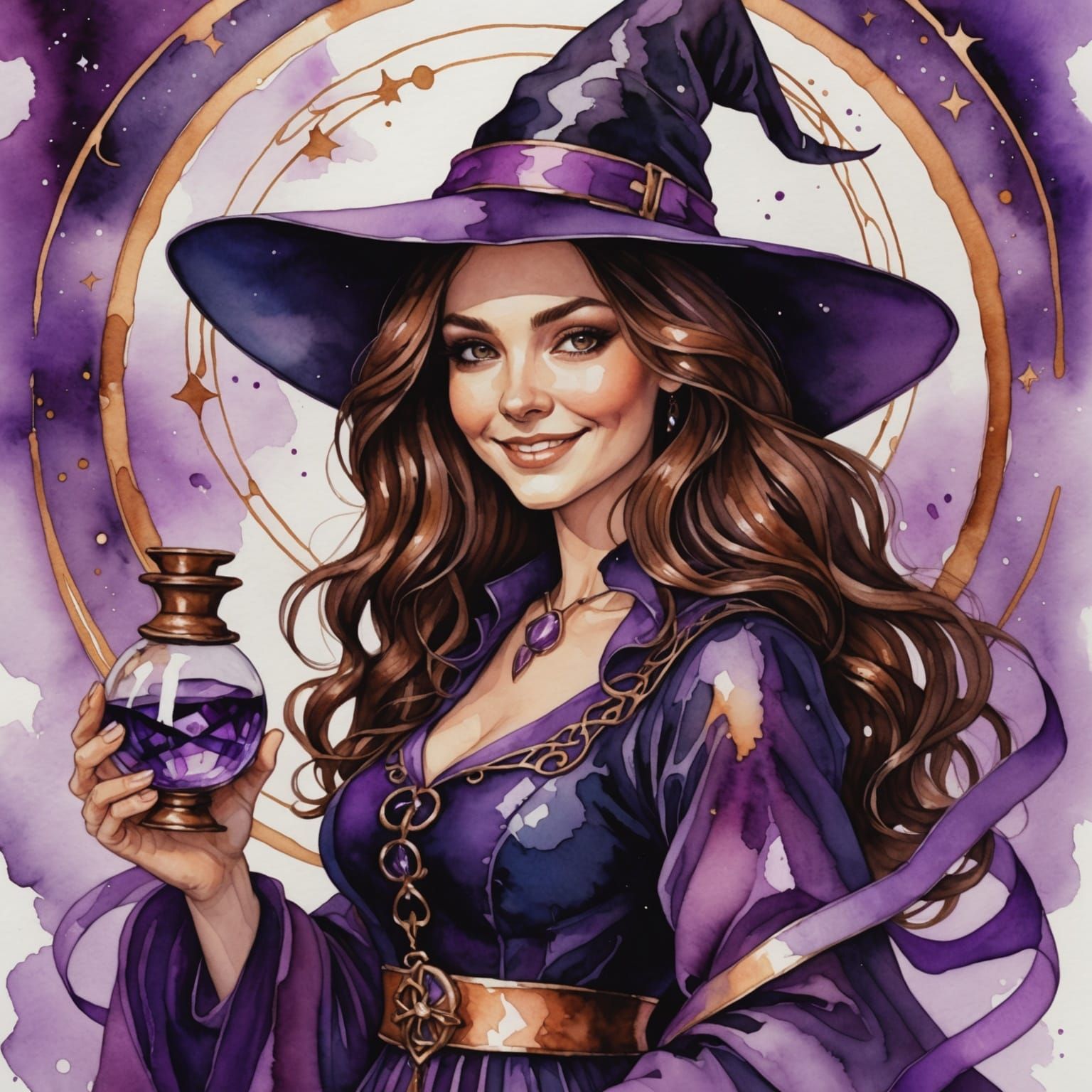Smiling Copper-Eyed Witch in Alcohol Ink Style