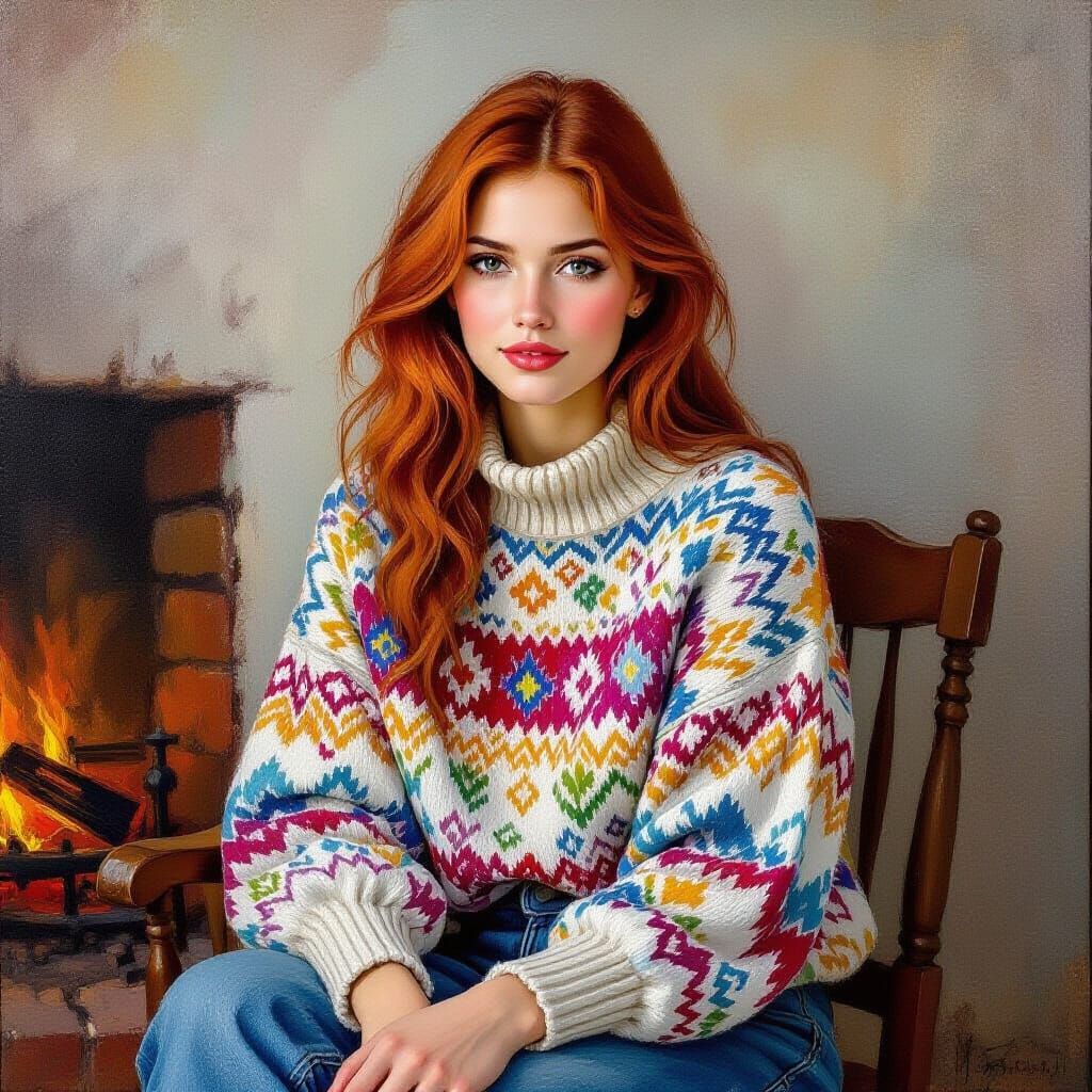 Impressionist Oil Painting of Woman by Fireplace