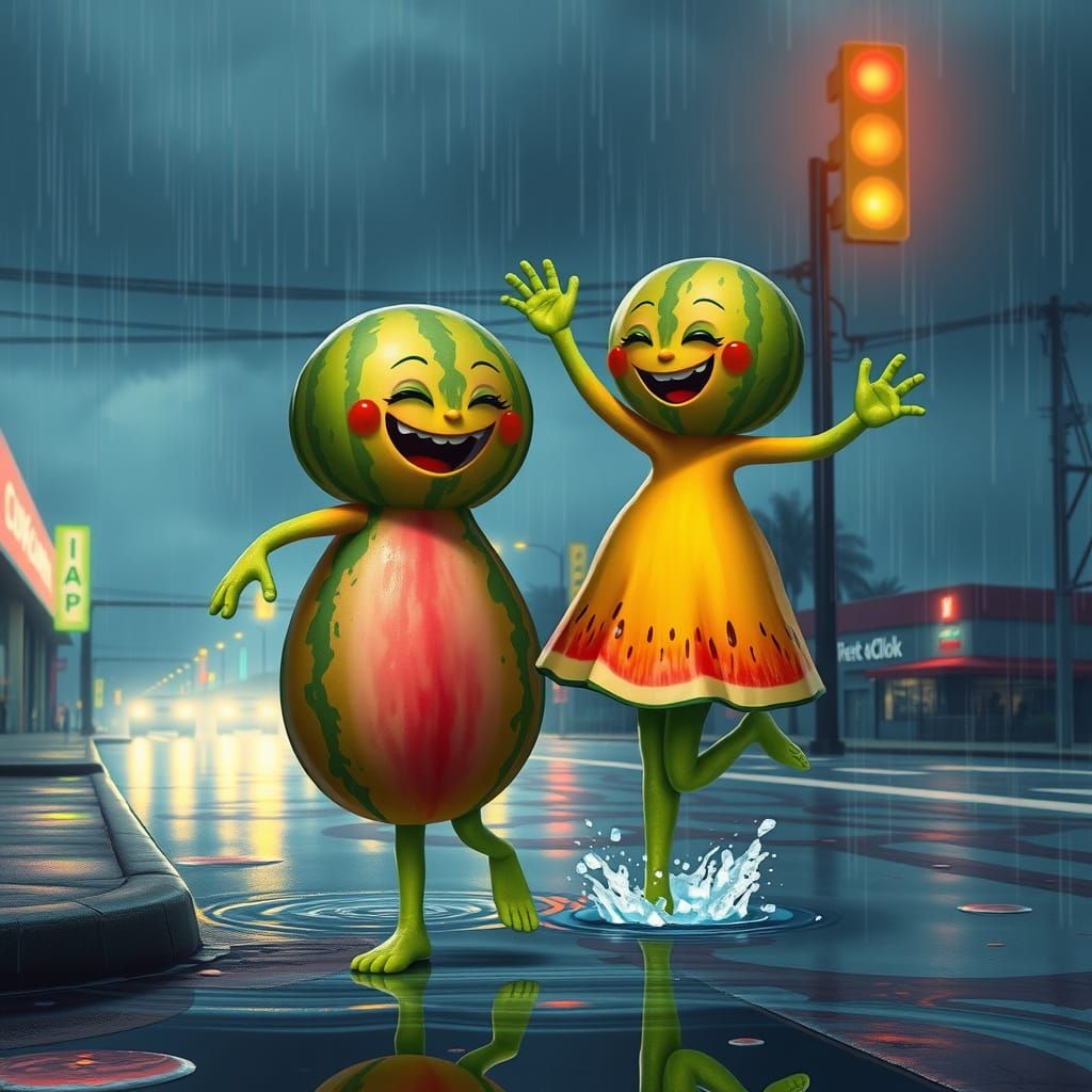 Vibrant Watermelon Duo Dancing in Whimsical Rain