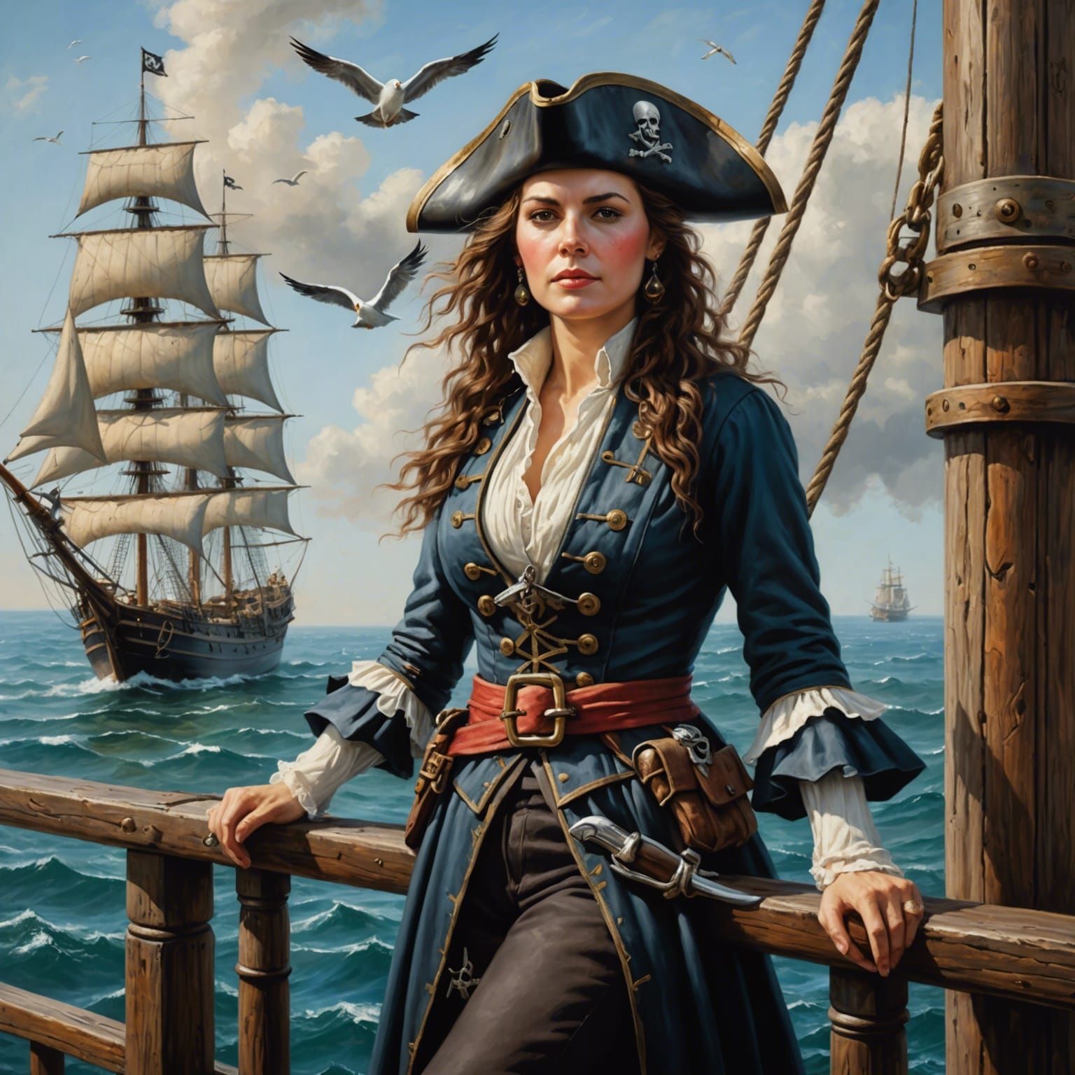 Woman Pirate Captain on Sailing Ship: Oil Painting