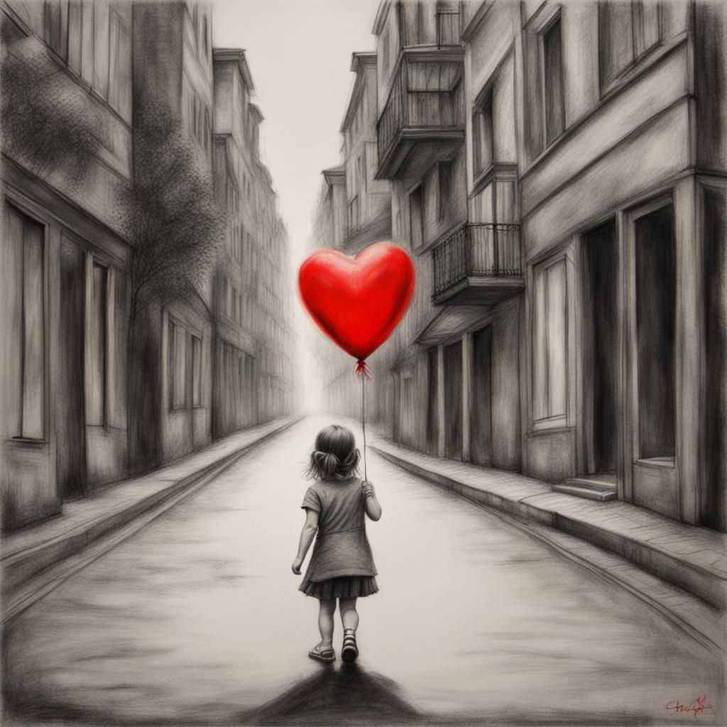 Girl with Heart Balloon: Charcoal Drawing