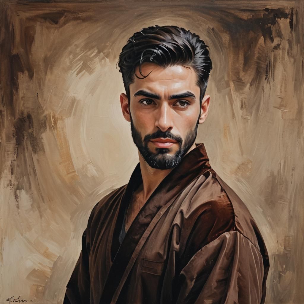 Handsome Man in Brown Velvet Bathrobe, Impressionist Style
