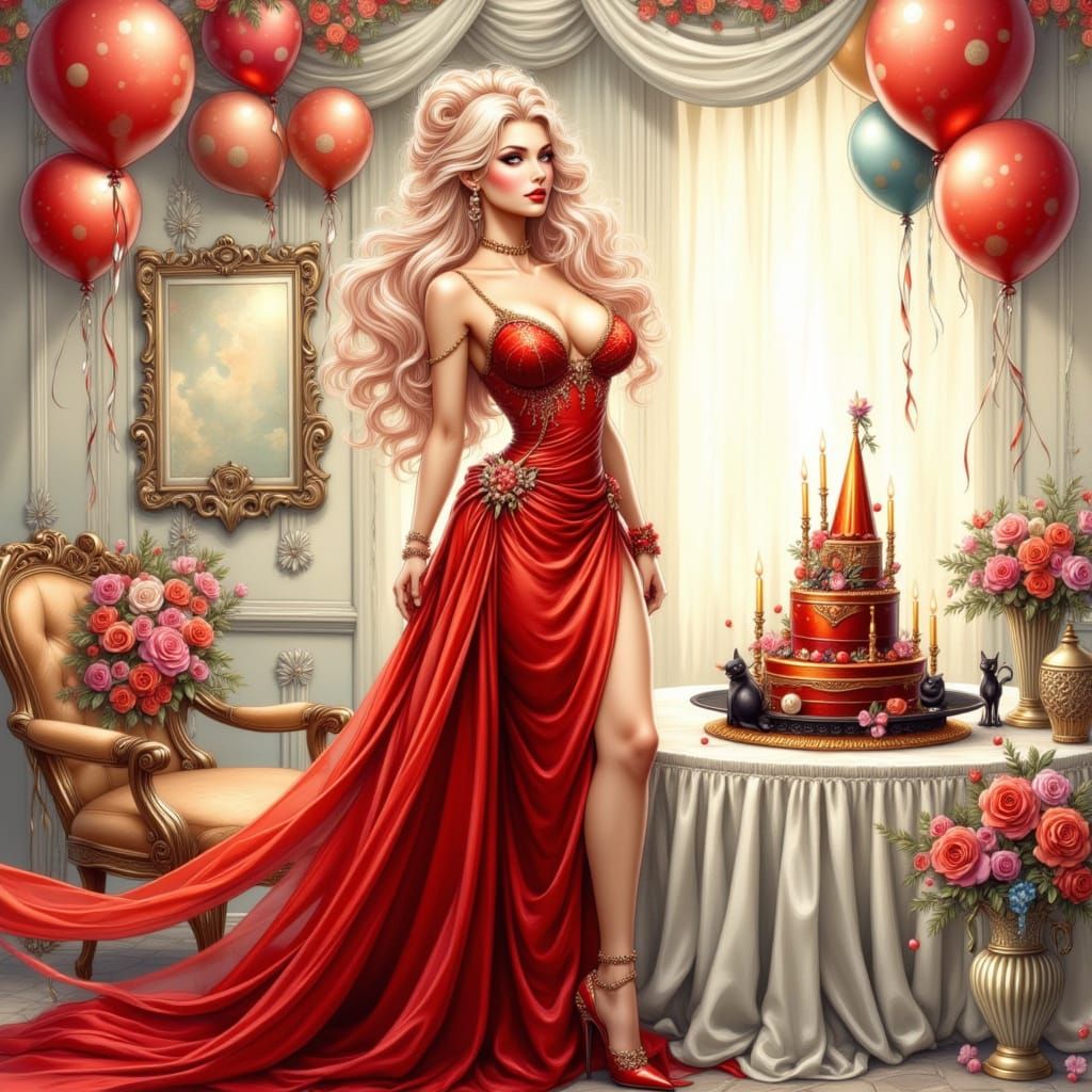 Beautiful Elf Woman in Red Gown at Birthday Party