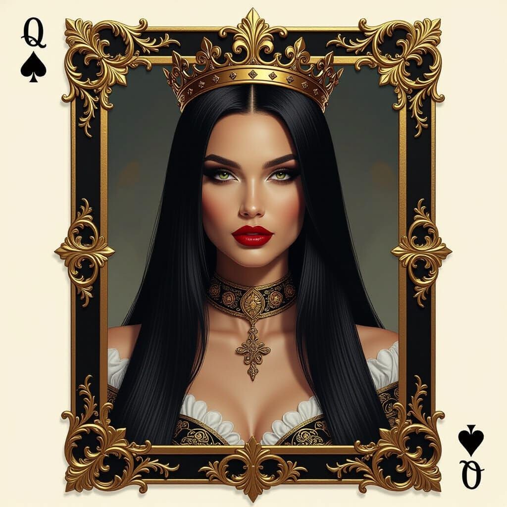 Queen of Clubs Playing Card Portrait in Golden Frame