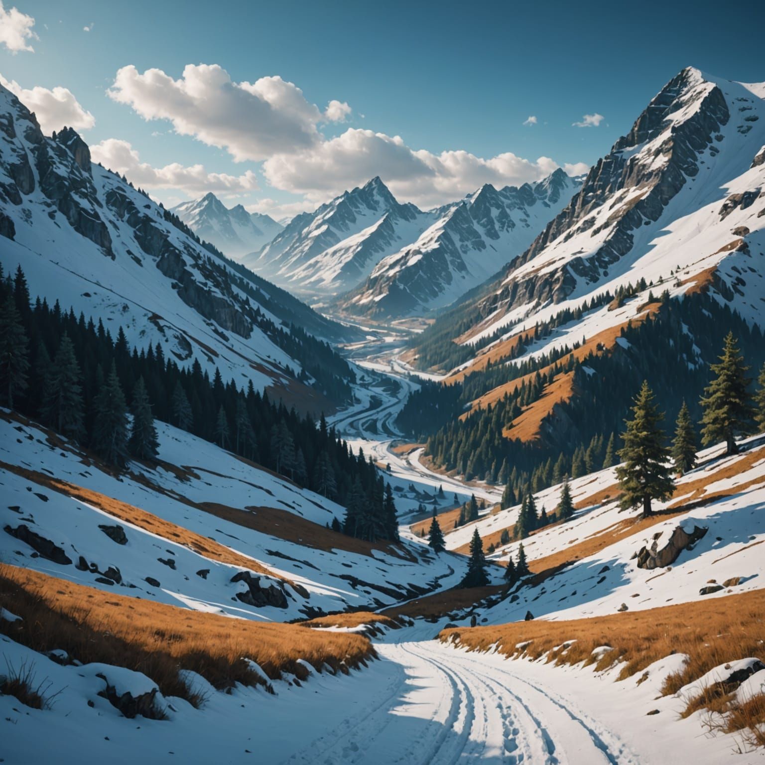 Winter Landscape Hills Near Forest Detailed Matte Painting