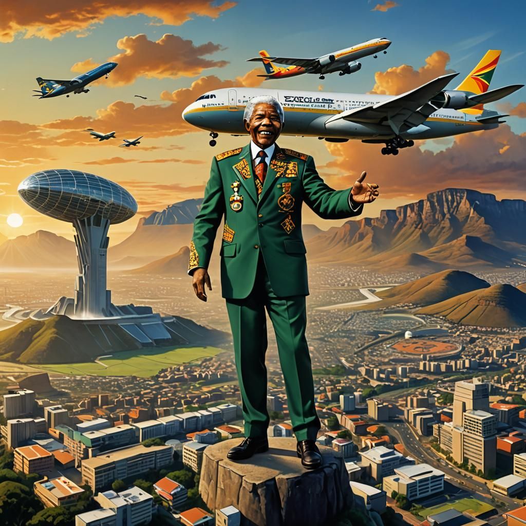 Mandela in Zulu Outfit with DHL Plane, Concept Art