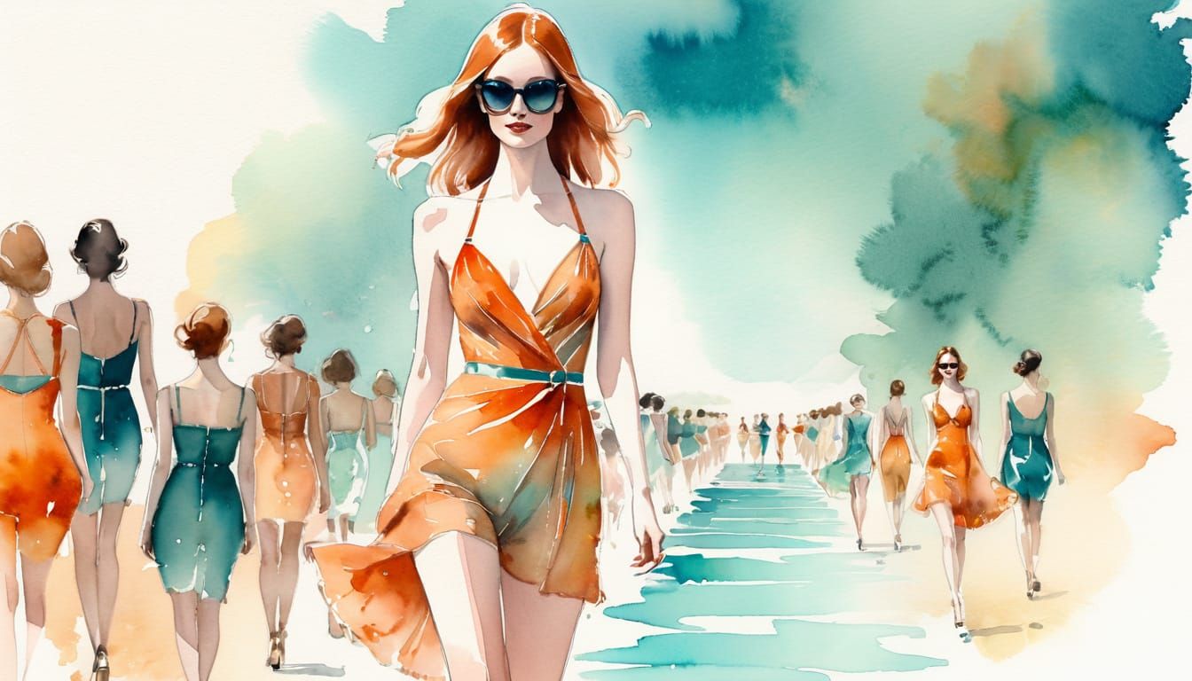 Ginger Model Struts Catwalk in Watercolor Wash