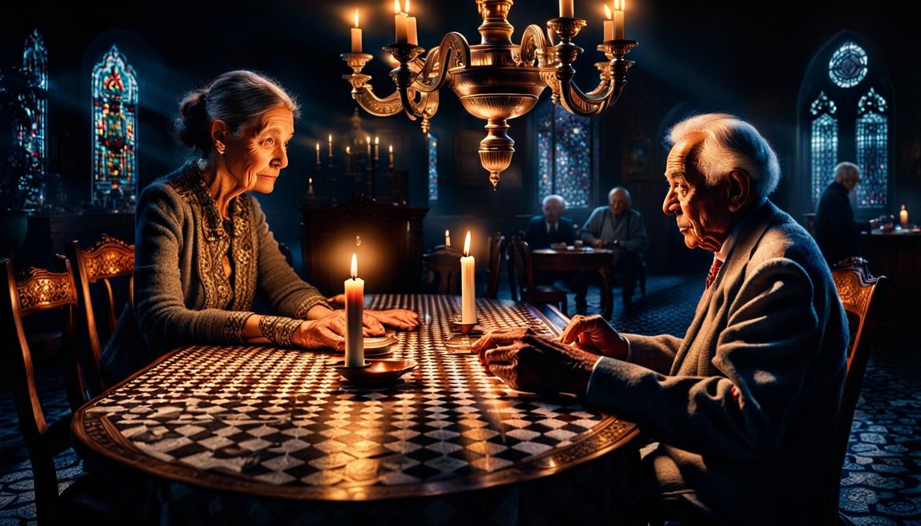 Hyperrealistic Ghostly Woman at Candlelit Table
