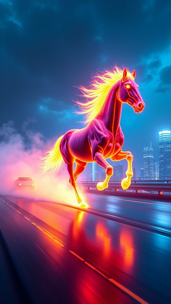 Cyberpunk Horse Racing Through Neon Cityscape
