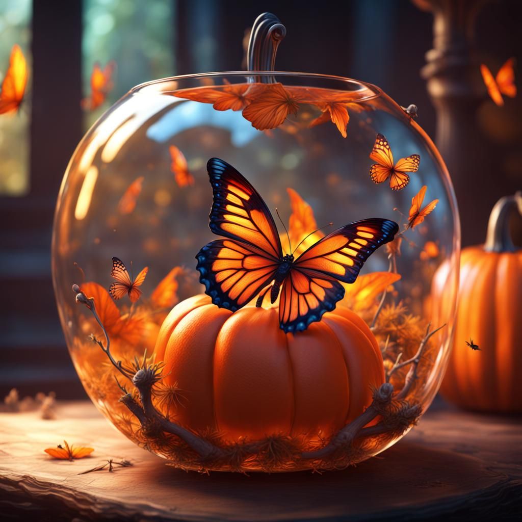 Butterfly and Fairy in Glass Pumpkin: Fantasy Art