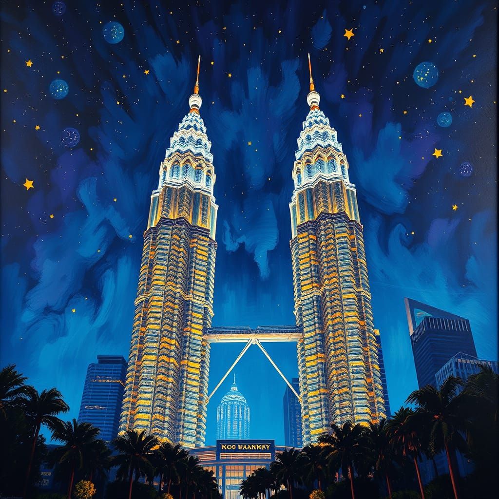 KLCC Towers Under Starry Night: Matte Painting Style