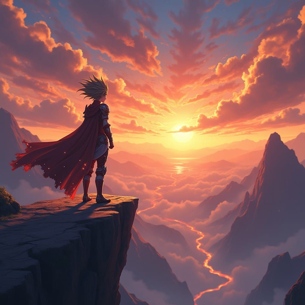 Heroic Anime Warrior Basks in Sunset Glory