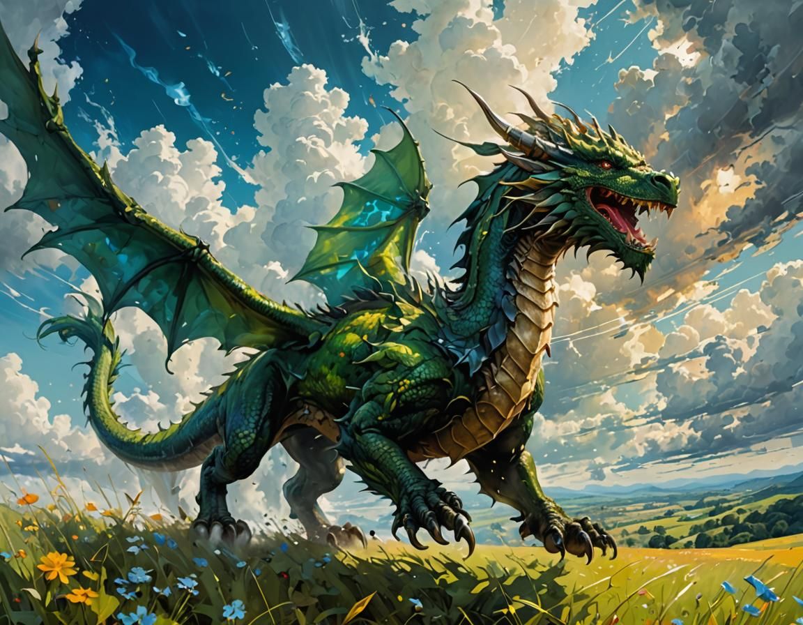 Mythical Dragon Flying Over Tranquil Meadow