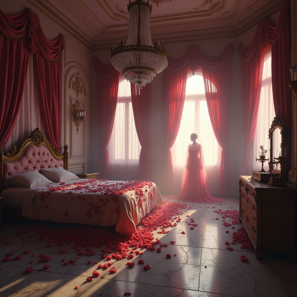 A Haunting Royal Bedroom Frozen in Time, Enveloped in Pink M...