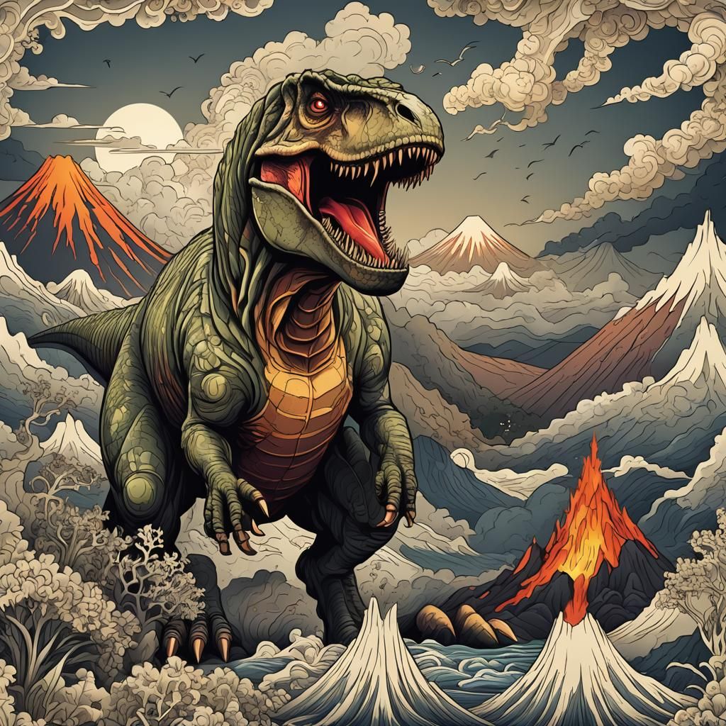 T-Rex Roaring Before Erupting Volcano with Abstract Elements