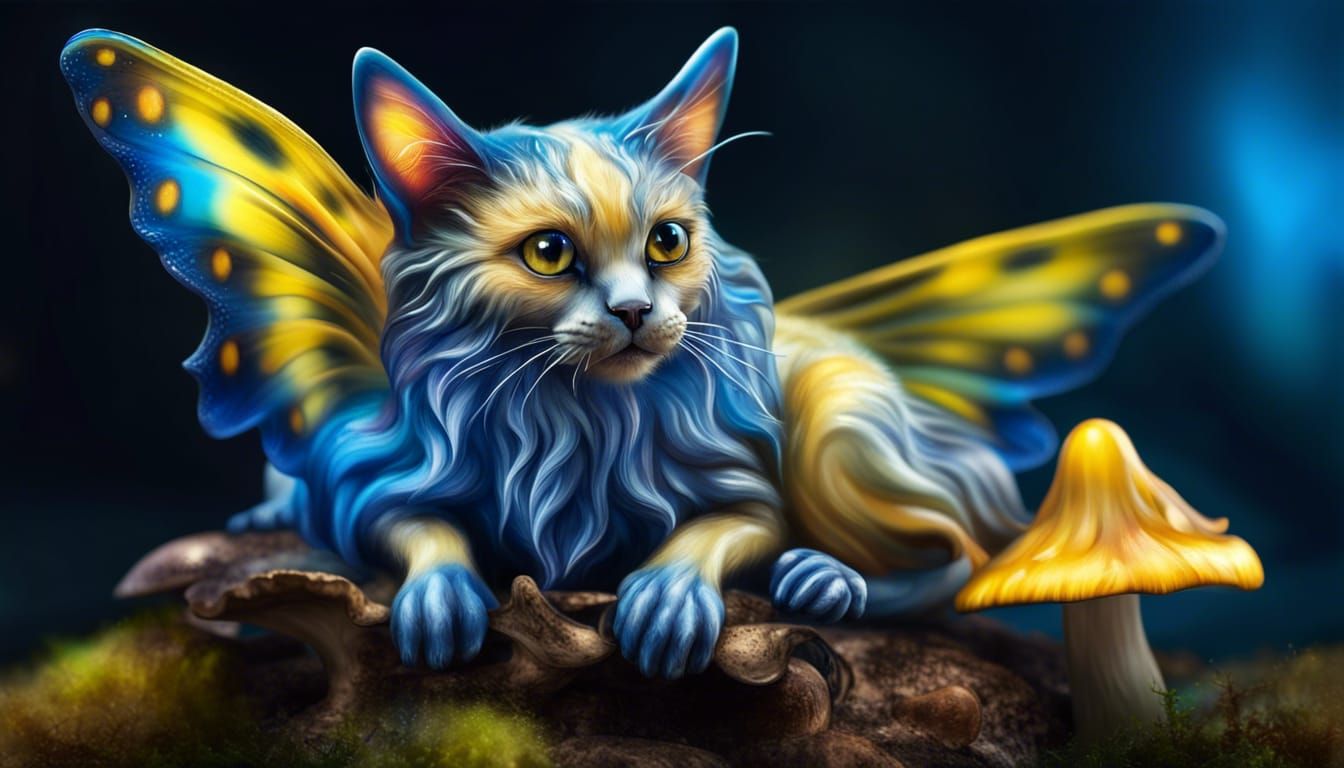 Fairy Cat with Oily Wings on Mushroom, Fantasy Art