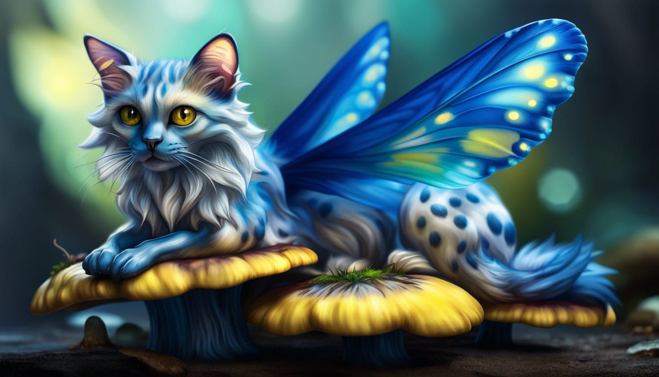 Fairy Cat with Oily Wings on Mushroom, Hyper-Realistic