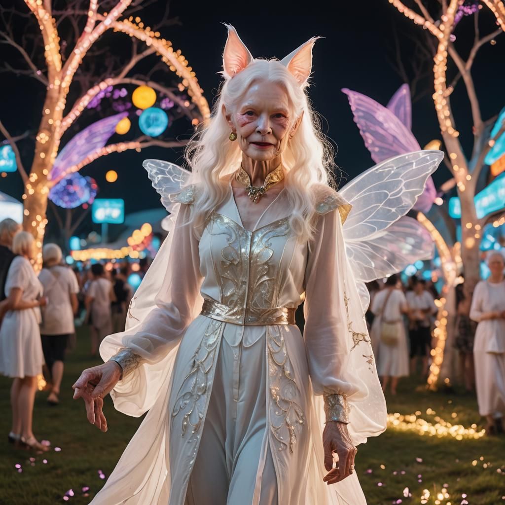 Albino Model with Cat Features in Surreal Japanese Scene