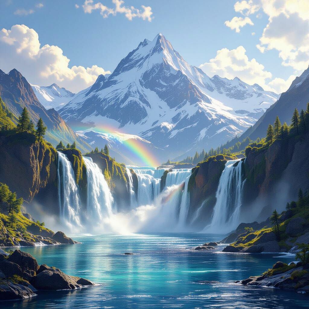 Majestic Snow Mountain with Cascading Waterfalls in Digital ...