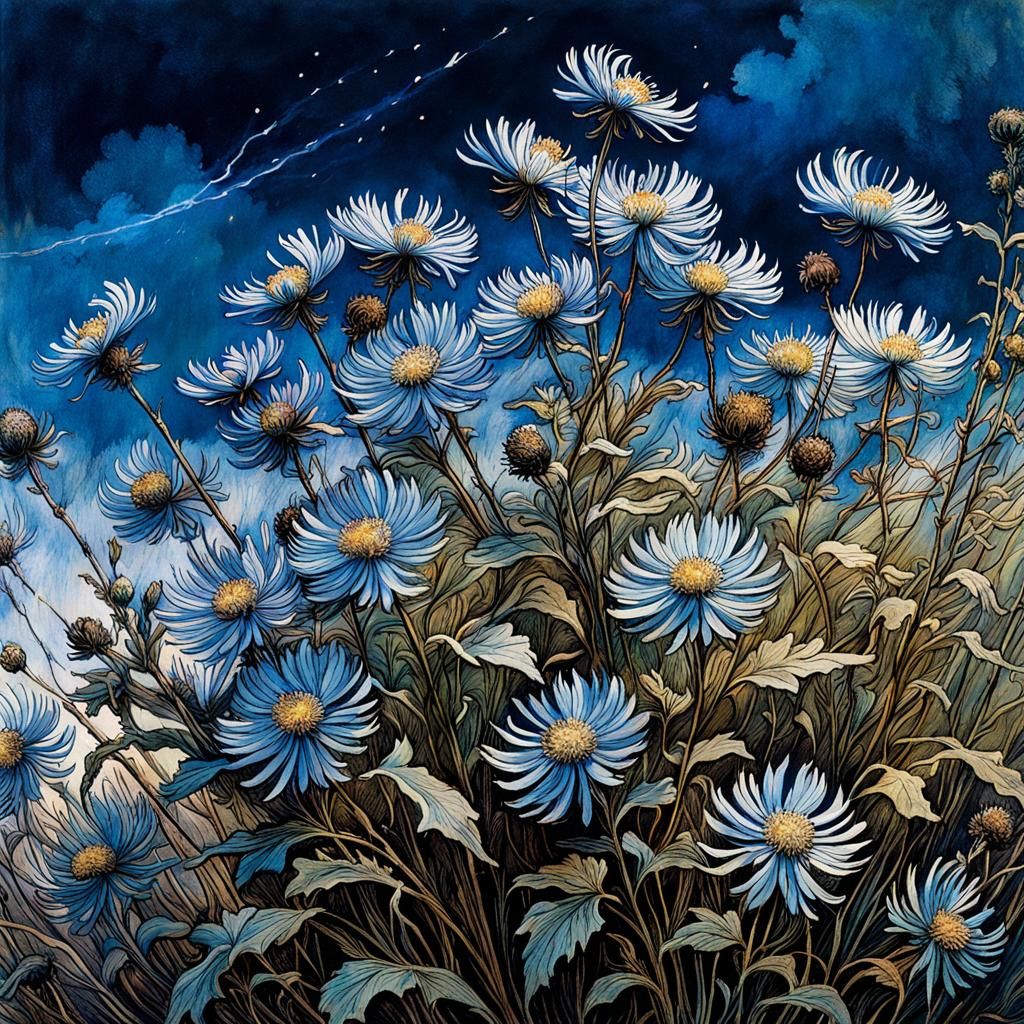 Blue Asters Bending: Fantasy Art in Deep Color
