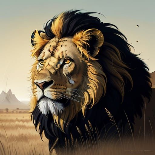 Regal Lion in Vibrant Savannah Landscape with Neon Accents