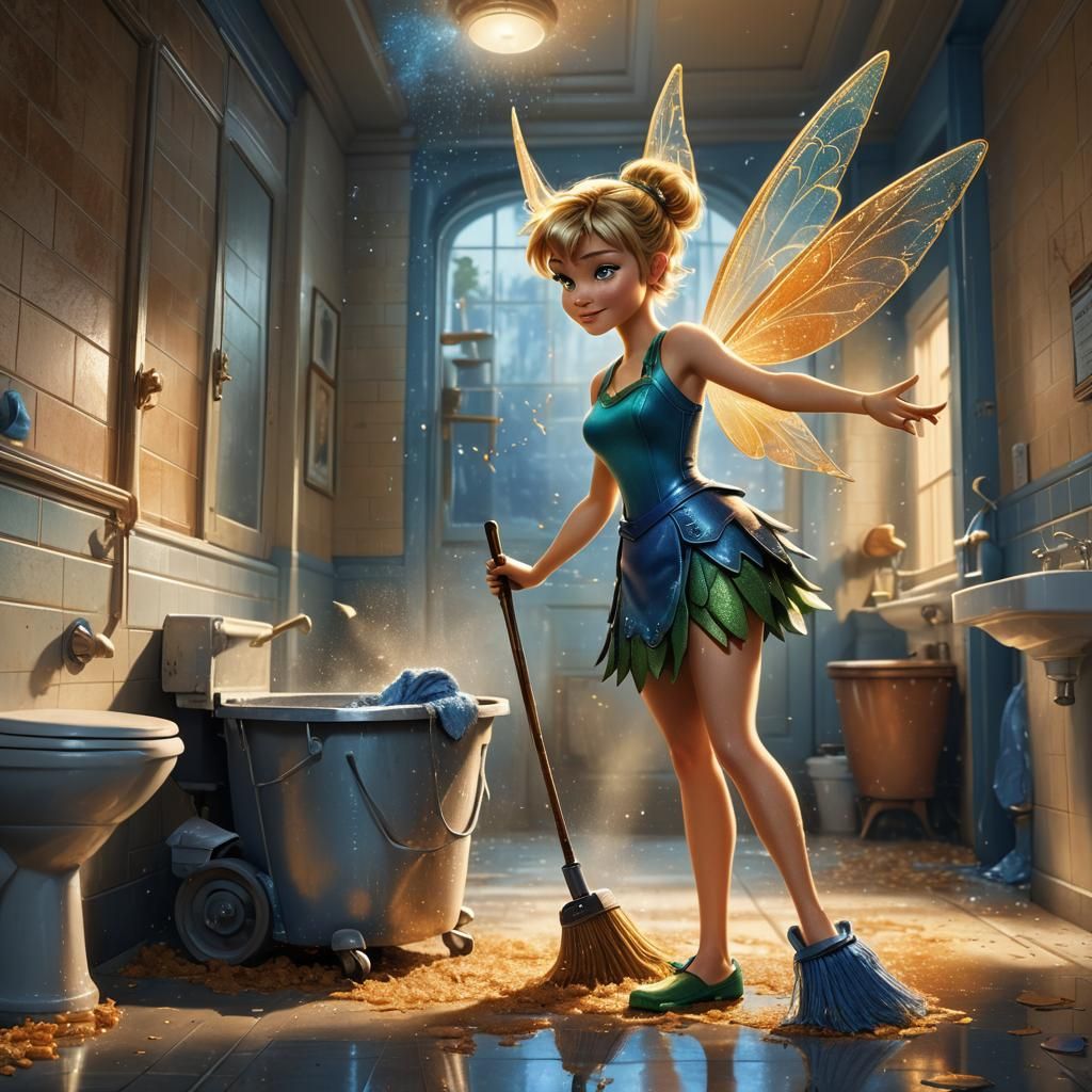 Whimsical Janitor Tinker Bell Cleans a Fantastical Restroom