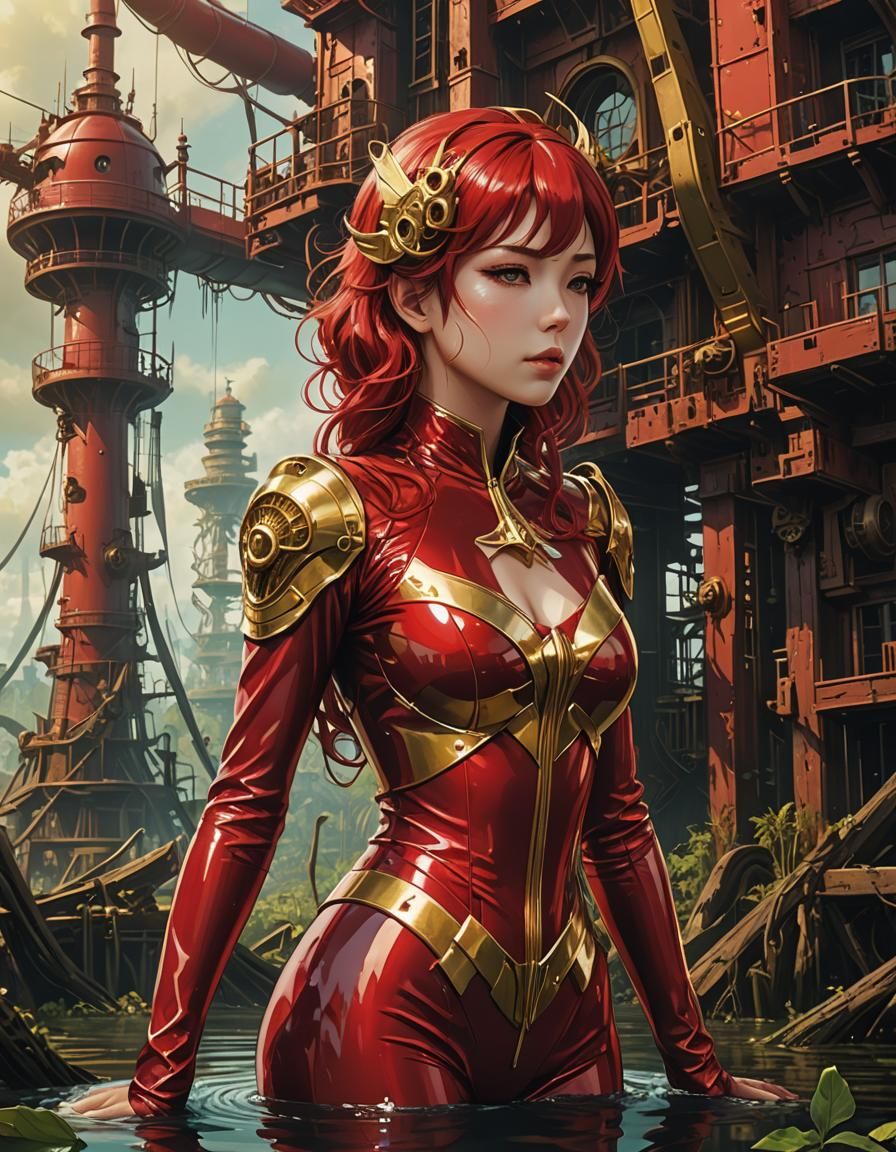 Woman in Latex Suit at Swamp: Art Nouveau Style