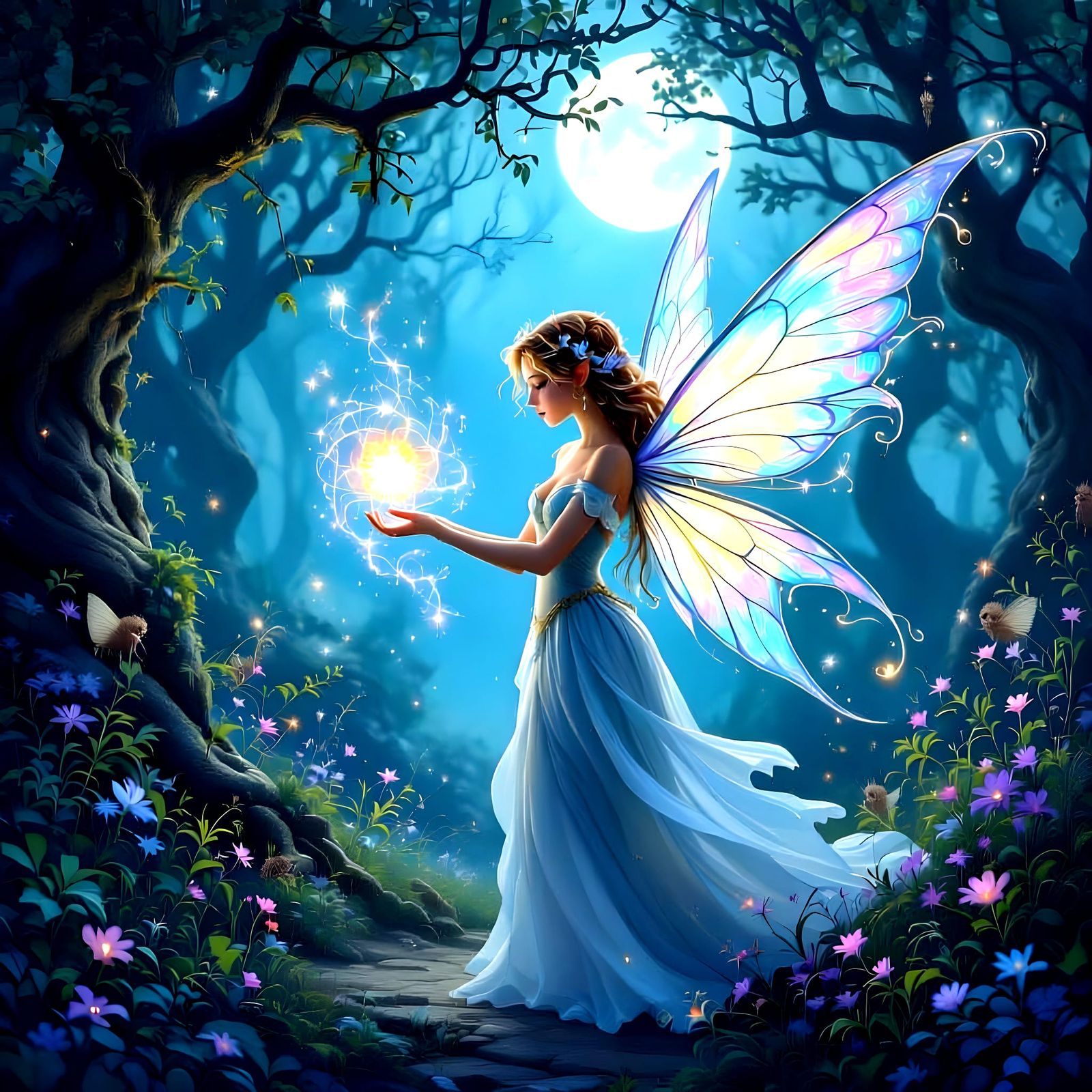 Fairy Casting Spell Under Moonlight