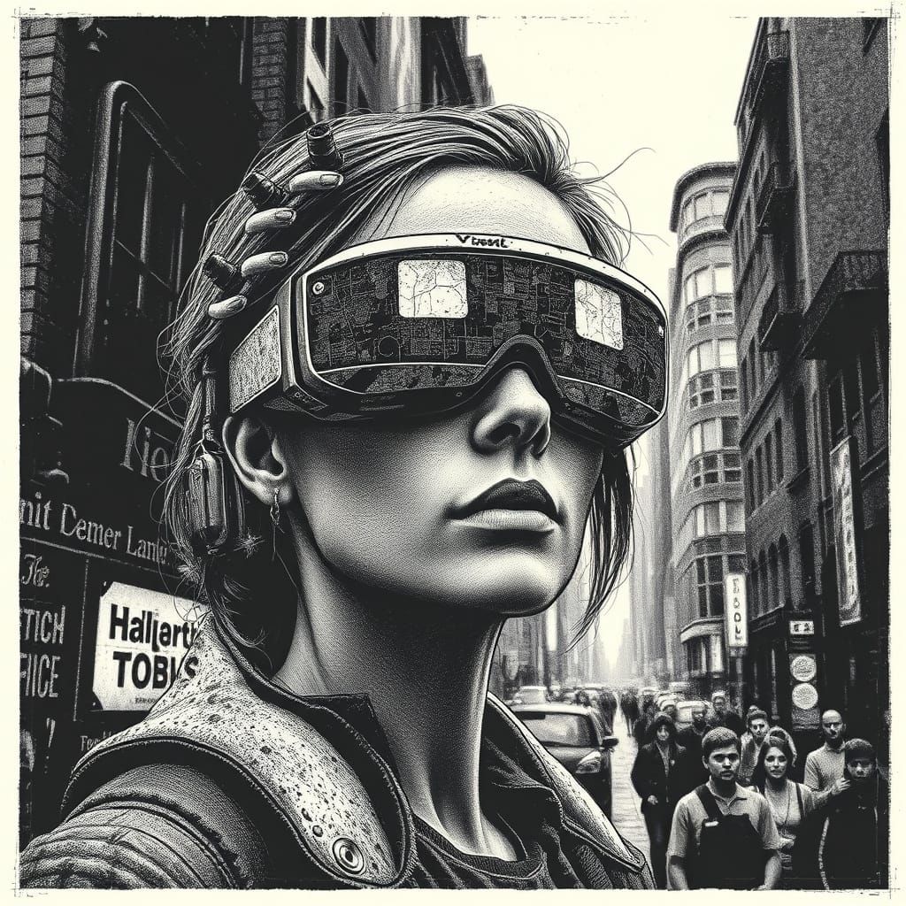 1900 Cityscape in Newsprint Style with Futuristic Figure